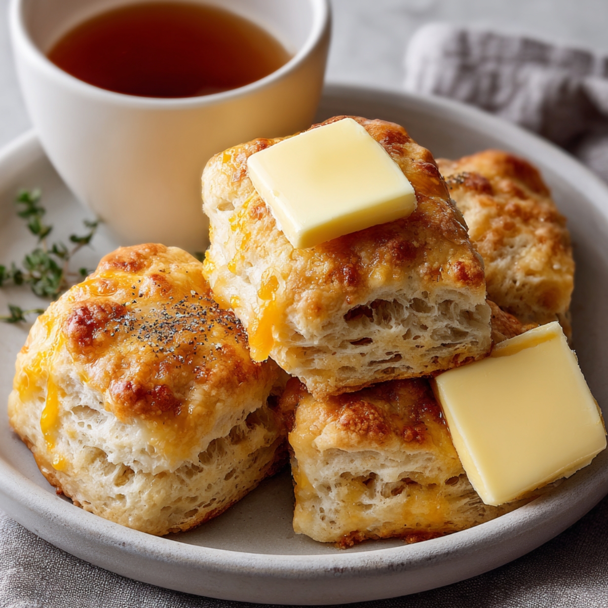 Golden, cheesy butter swim biscuits stacked on a plate with flaky layers, melted cheddar, a pat of butter, and a coffee mug in the background.