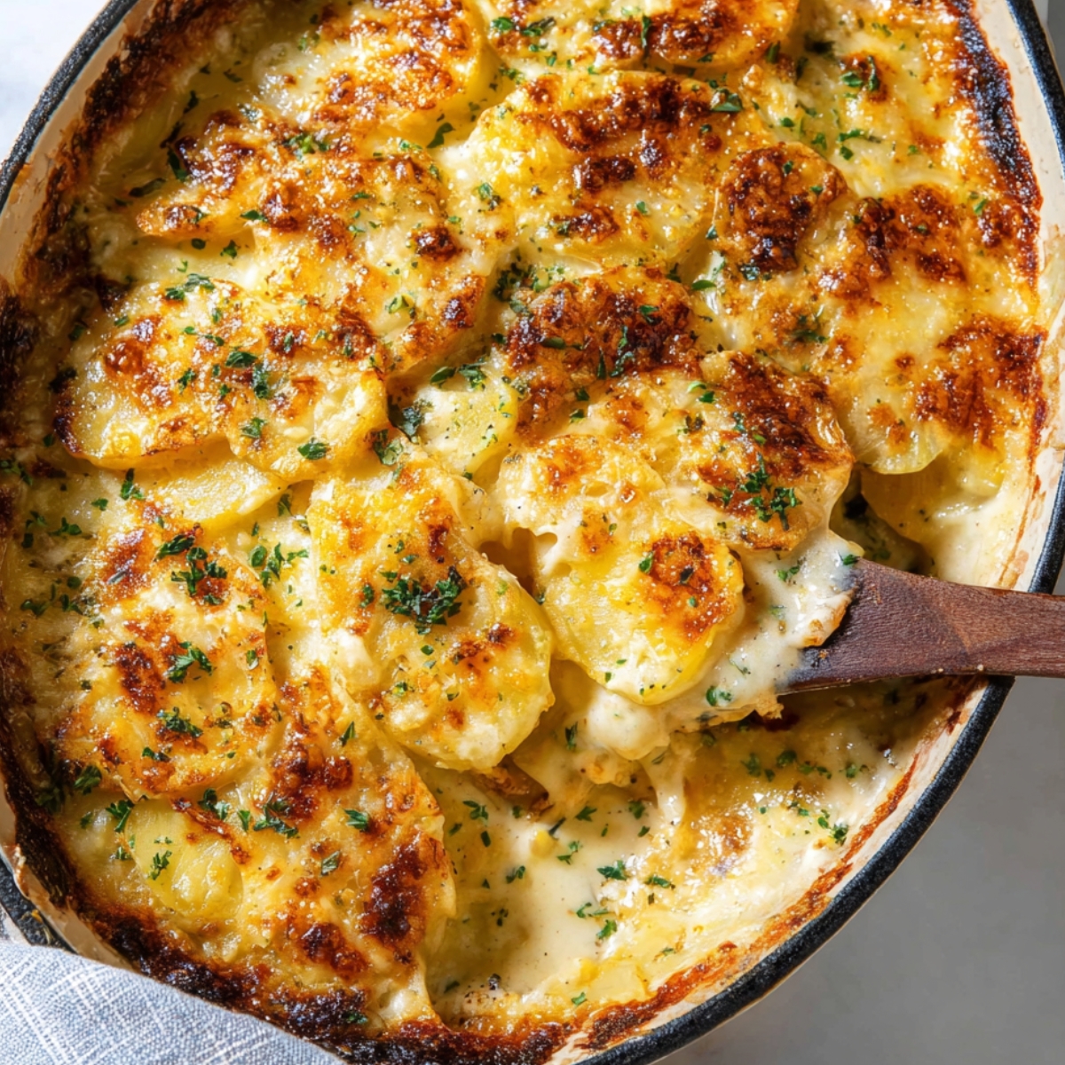 Golden, cheesy homemade Creamy Au Gratin Potatoes in a white casserole dish with parsley garnish.