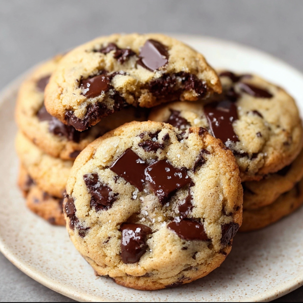 Stack of golden-brown homemade chocolate chip cookies with melted chocolate chunks and a sprinkle of sea salt, one with a bite taken out, on a ceramic plate.