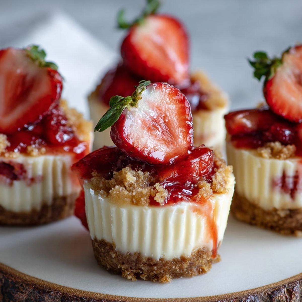 Mini Strawberry Cheesecake Bites with graham cracker crust, creamy filling, strawberry sauce, and a fresh strawberry half on top, on a wooden board.