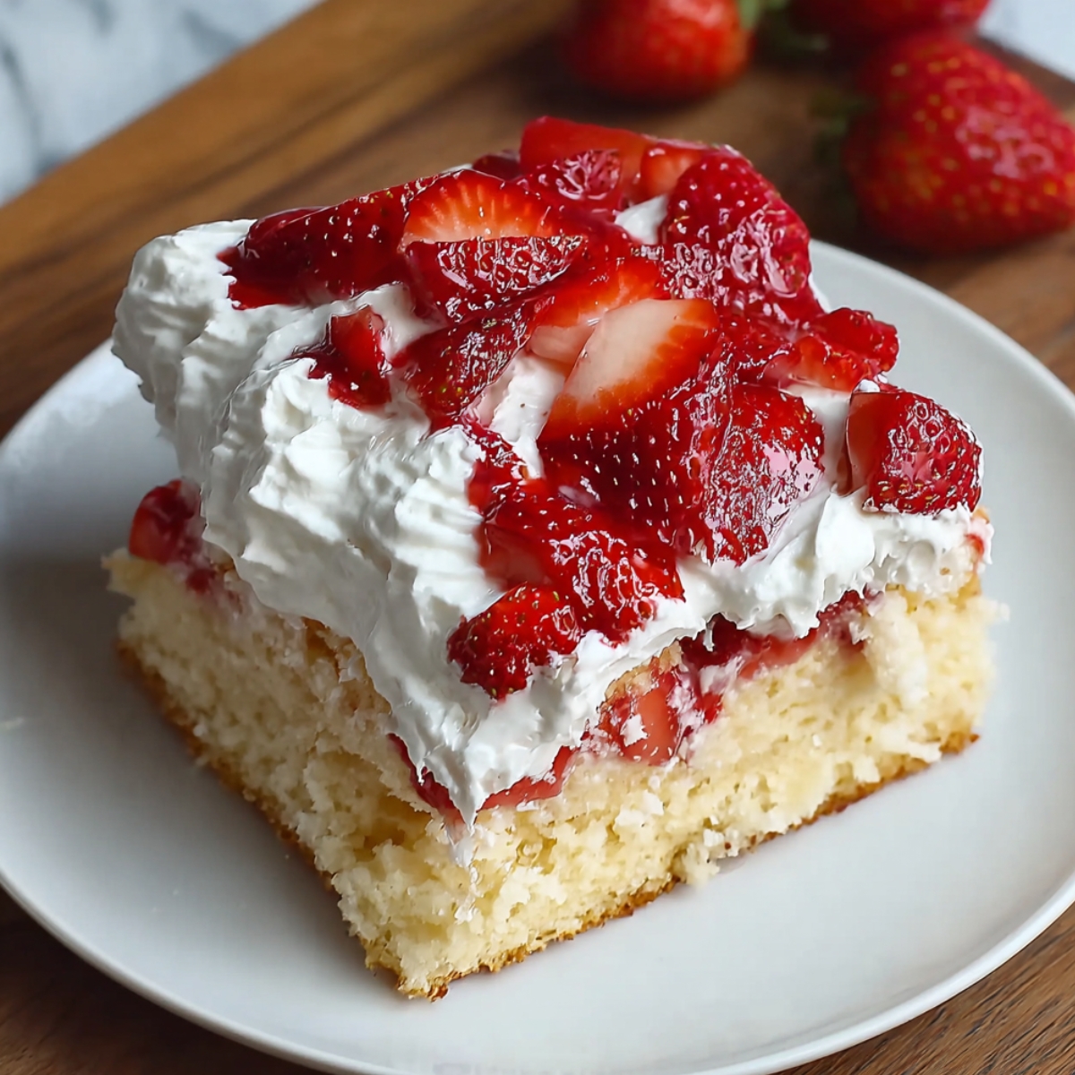 Slice of homemade strawberry tres leches cake topped with whipped cream and fresh strawberries on a white plate.