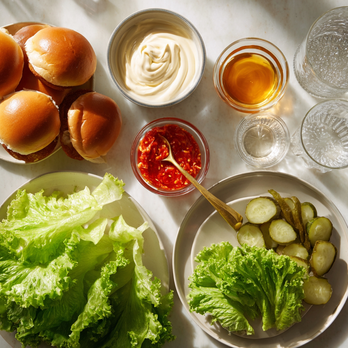 Fresh Bang Bang Chicken Slider ingredients: slider buns, mayonnaise, rice vinegar, sweet chili sauce, lettuce, and sliced pickles on a kitchen counter in natural light.