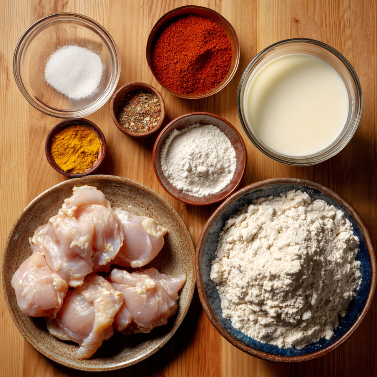 Raw chicken pieces with bowls of buttermilk, flour, cornstarch, paprika, garlic powder, salt, and spices arranged on a wooden kitchen table, ready for making Bang Bang Chicken Sliders.