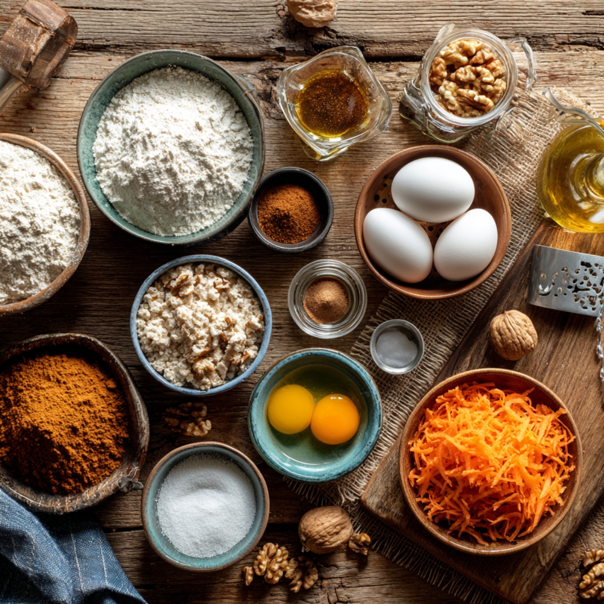 Carrot cake cheesecake ingredients including flour, eggs, sugar, carrots, walnuts, and spices on a rustic table.