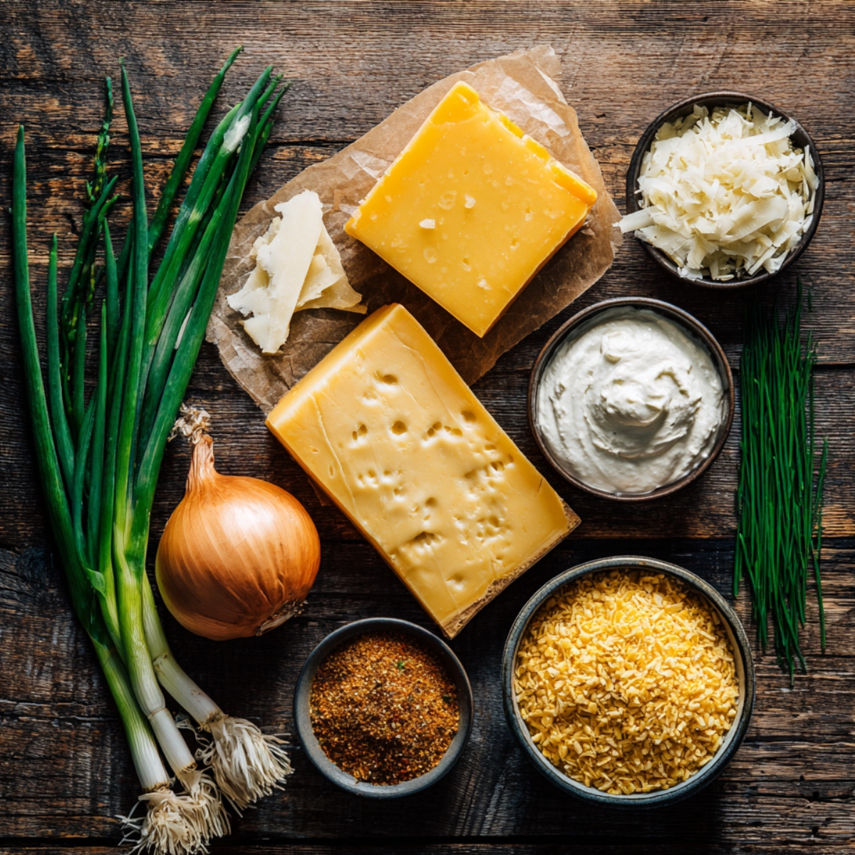 Cheese, onion, chives, breadcrumbs, and spices for homemade au gratin potatoes.