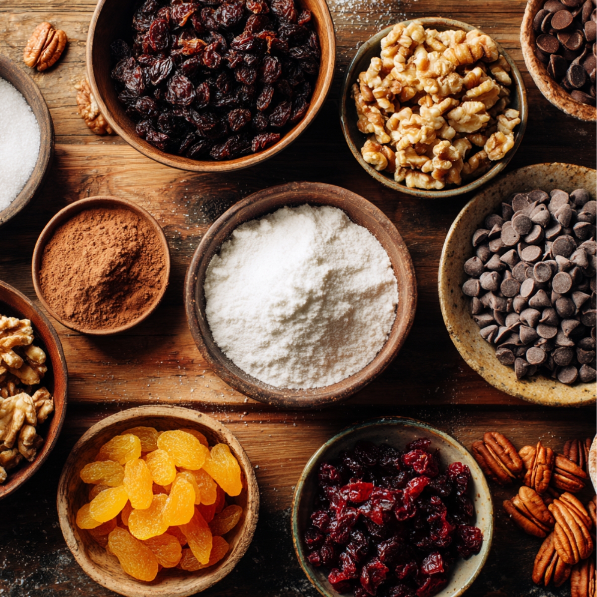 Rustic wooden table with bowls of flour, raisins, walnuts, chocolate chips, cinnamon, golden apricots, dried cranberries, and scattered pecans—cozy homemade cookie prep scene.