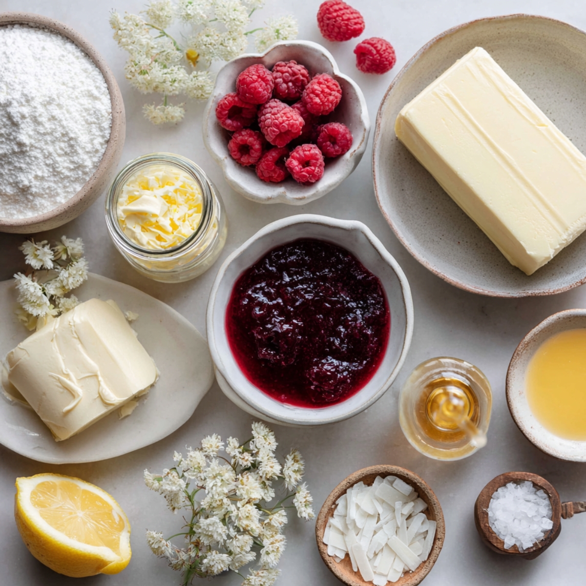 Flat lay of raspberry lemon cupcake frosting ingredients: butter, cream cheese, powdered sugar, raspberries, jam, lemon, vanilla, salt, and white chocolate, with edible flowers.