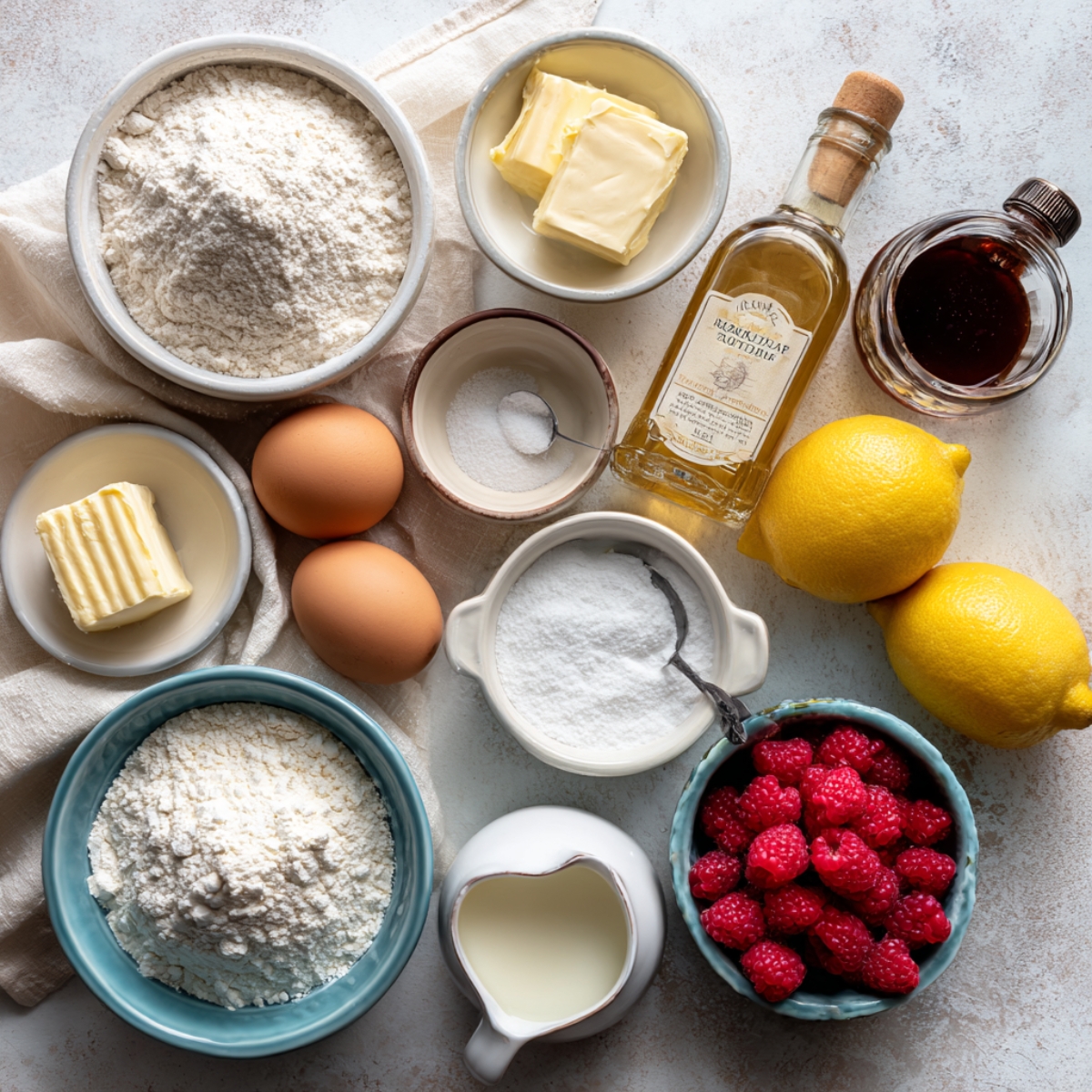 Top-down view of ingredients for homemade raspberry lemon cupcakes, including flour, sugar, butter, eggs, milk, lemons, vanilla, and fresh raspberries, arranged on a light kitchen counter.