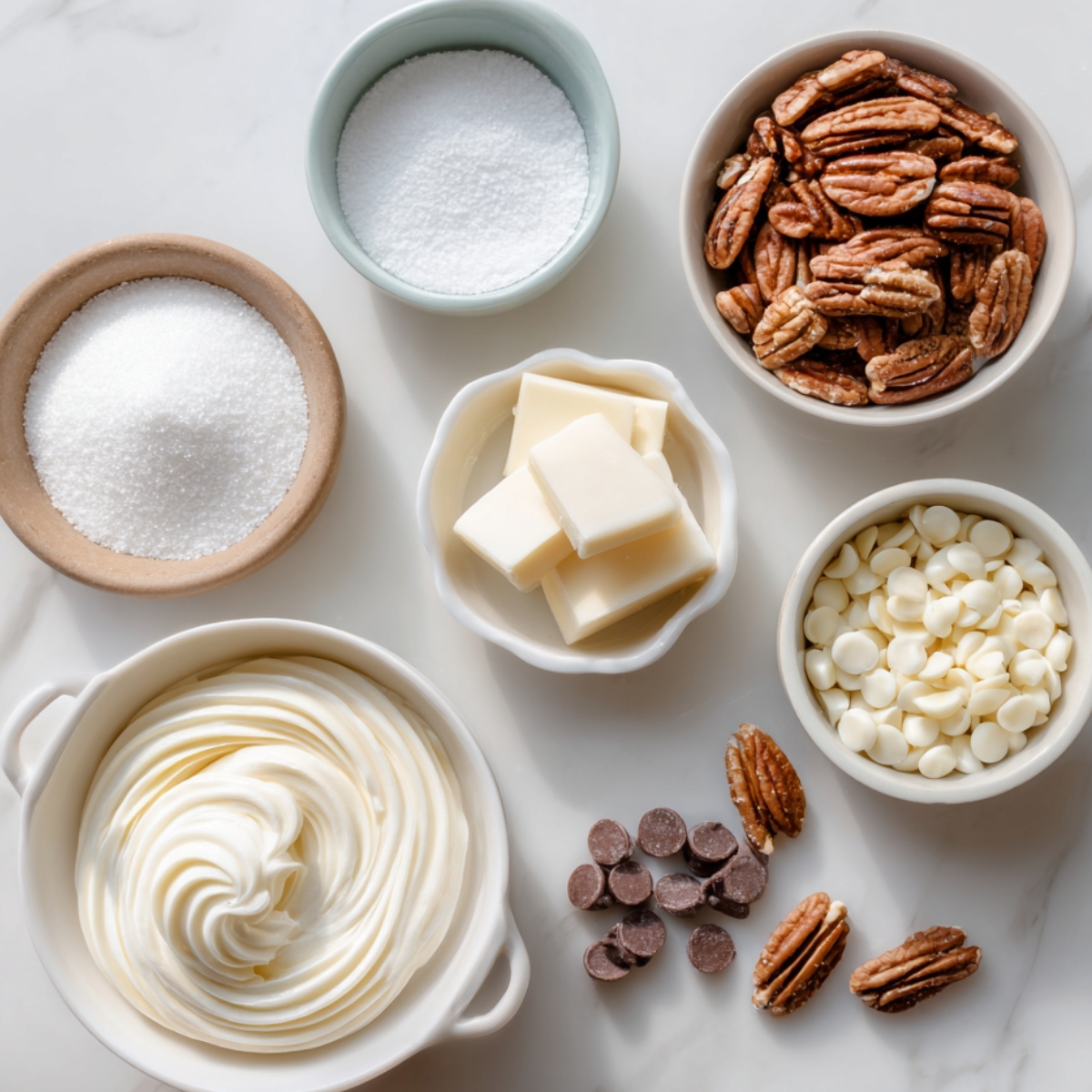 Flat lay of optional red velvet brownie ingredients on a white marble surface, including whole pecans, white chocolate chips, sugar, powdered sugar, white chocolate chunks, and a bowl of creamy frosting with chocolate chips scattered nearby.
