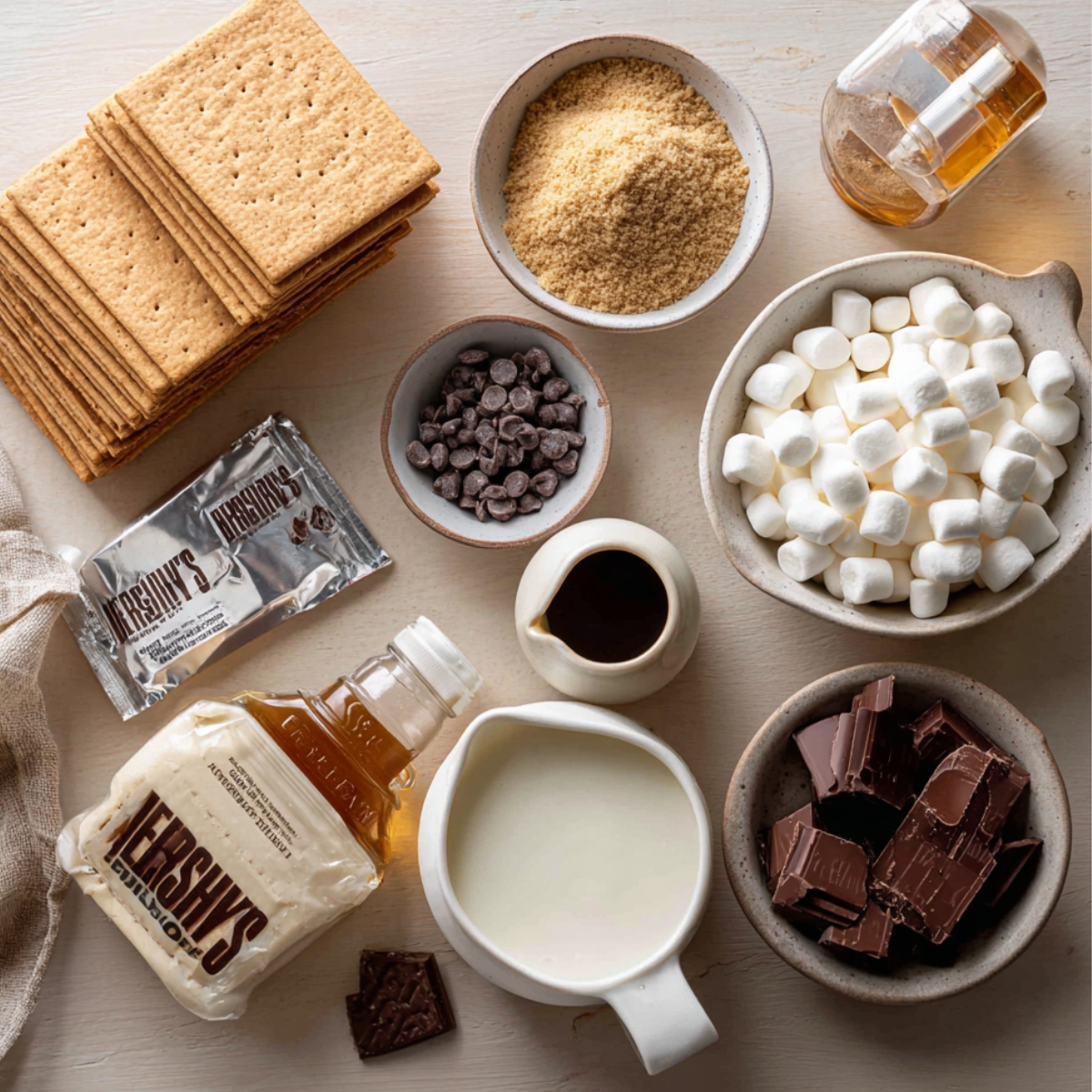 Flat-lay of s’mores bar ingredients on a wooden surface: graham crackers, mini marshmallows, chocolate chunks, chocolate chips, brown sugar, cream, vanilla, and Hershey’s bars.