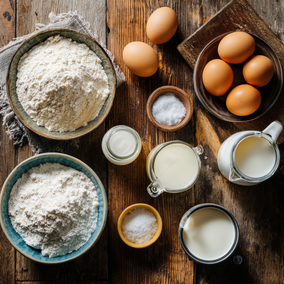 Overhead photo of strawberry tres leches sponge cake ingredients on a rustic wooden table, including bowls of flour, whole eggs, small bowls of salt and sugar, and glass pitchers of milk.