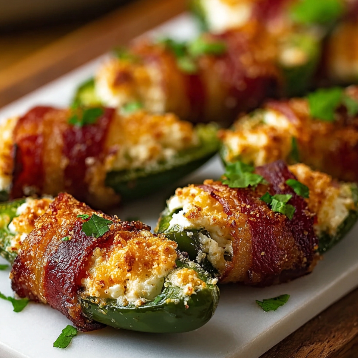 Bacon-wrapped jalapeño poppers stuffed with cheese and topped with breadcrumbs and herbs.