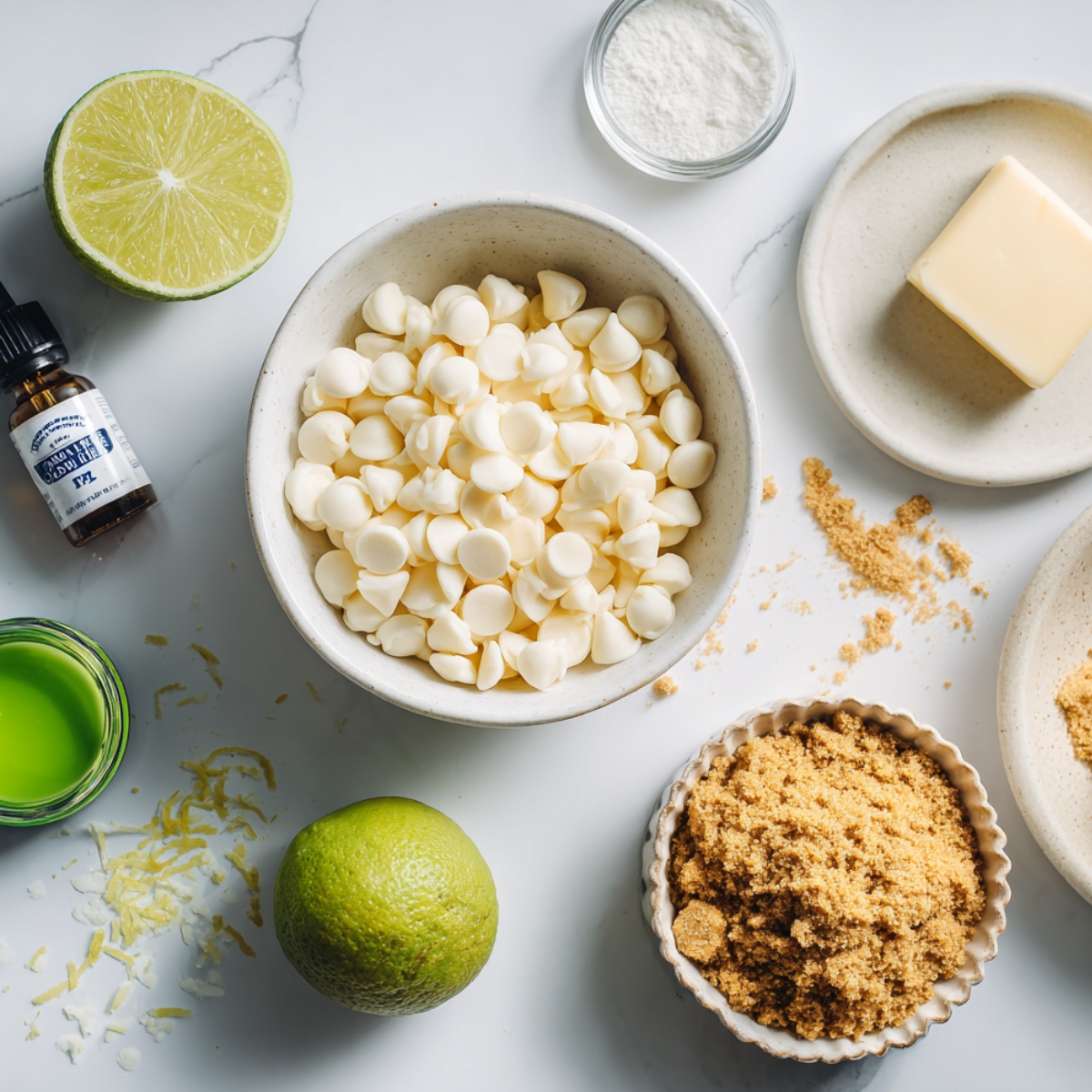 Overhead shot of white chocolate chips, graham cracker crumbs, butter, lime with zest, powdered sugar, vanilla extract, and lime juice on a white marble counter, styled casually with a homemade feel.
