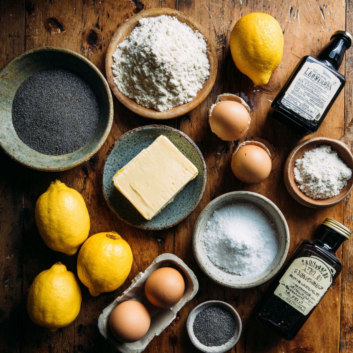 Overhead view of fresh lemon poppyseed cake ingredients on a rustic wooden table, including flour, poppy seeds, lemons, butter, eggs, sugar, salt, and vanilla extract.