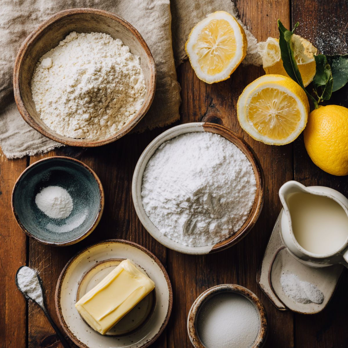 Overhead view of lemon poppyseed cake glaze and leavening ingredients on a rustic wooden table, including flour, powdered sugar, butter, cream, baking powder, granulated sugar, and fresh lemons.