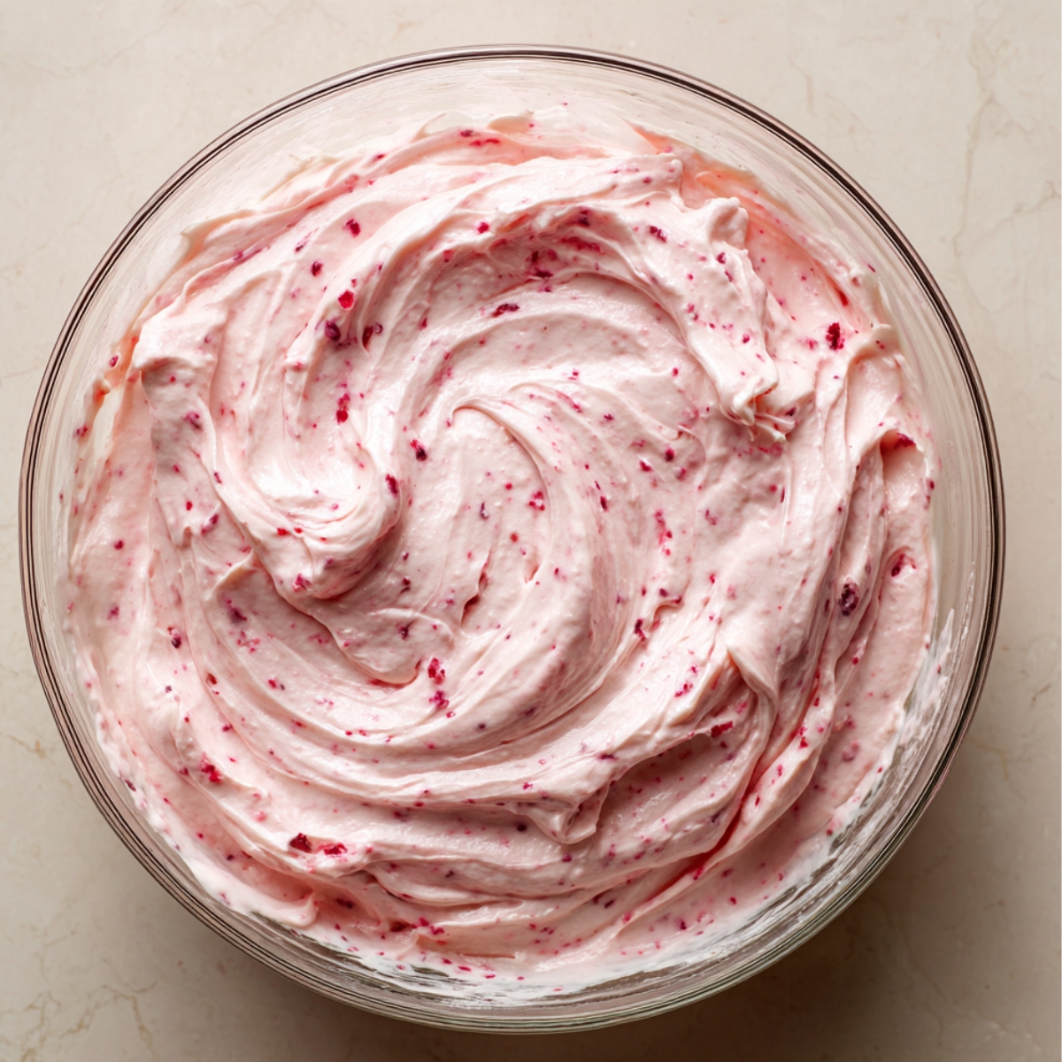 Fluffy homemade raspberry lemon cream cheese frosting in a clear glass bowl, with visible raspberry specks swirled throughout the pale pink mixture on a light countertop.