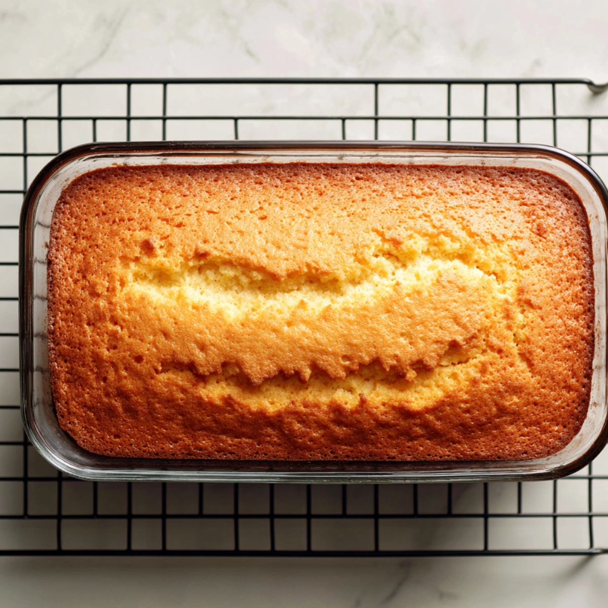 Golden homemade sponge cake for strawberry tres leches in a glass baking dish on a cooling rack, with a cracked top showing its fluffy texture.