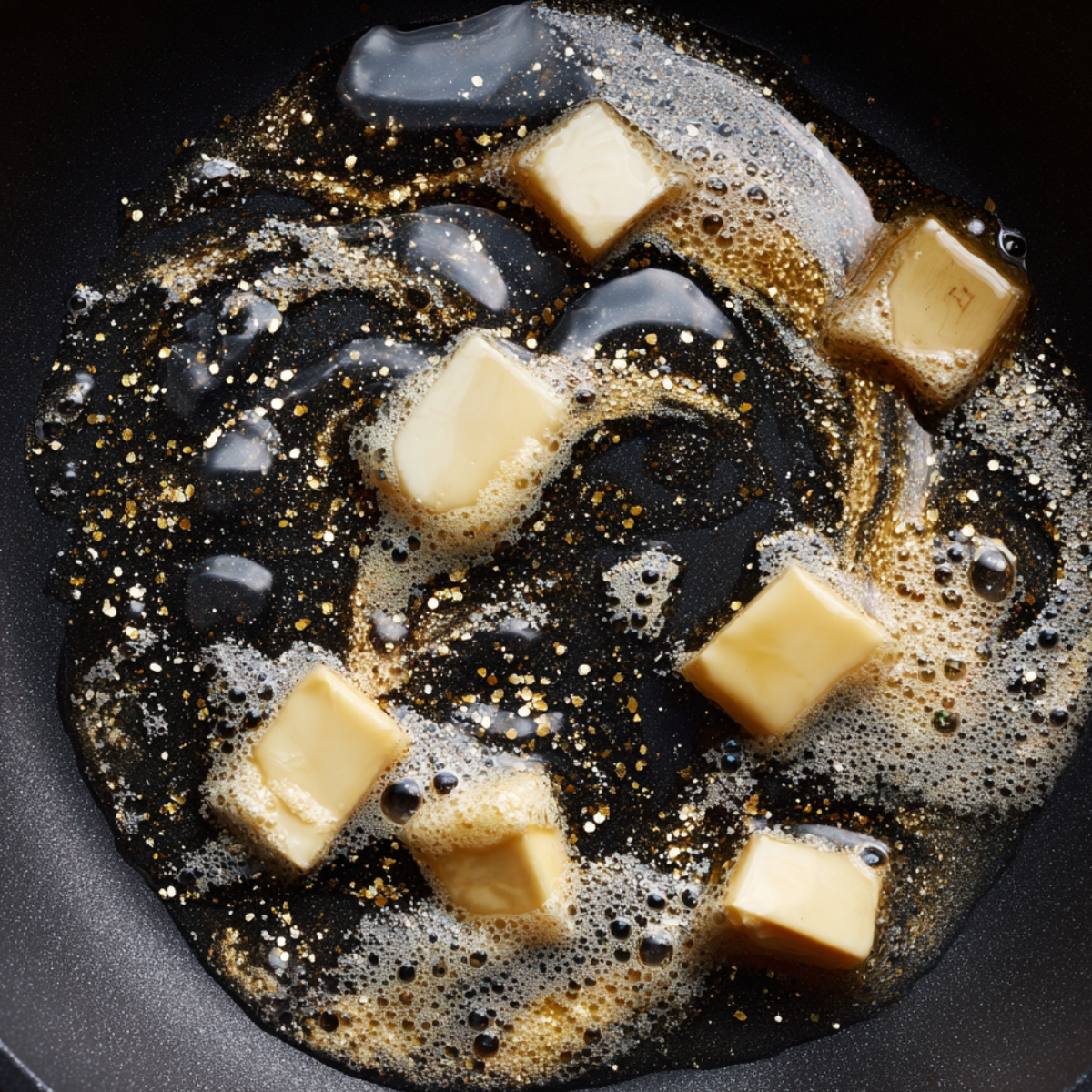 Close-up of a black skillet with several cubes of butter melting and foaming, golden bubbles forming around the edges, creating a glossy swirl of butterfat and foam for a homemade pan fried peaches recipe.