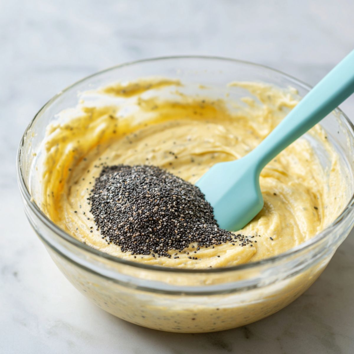 Glass bowl of yellow lemon cake batter with a mound of poppy seeds on top and a blue spatula ready to mix.