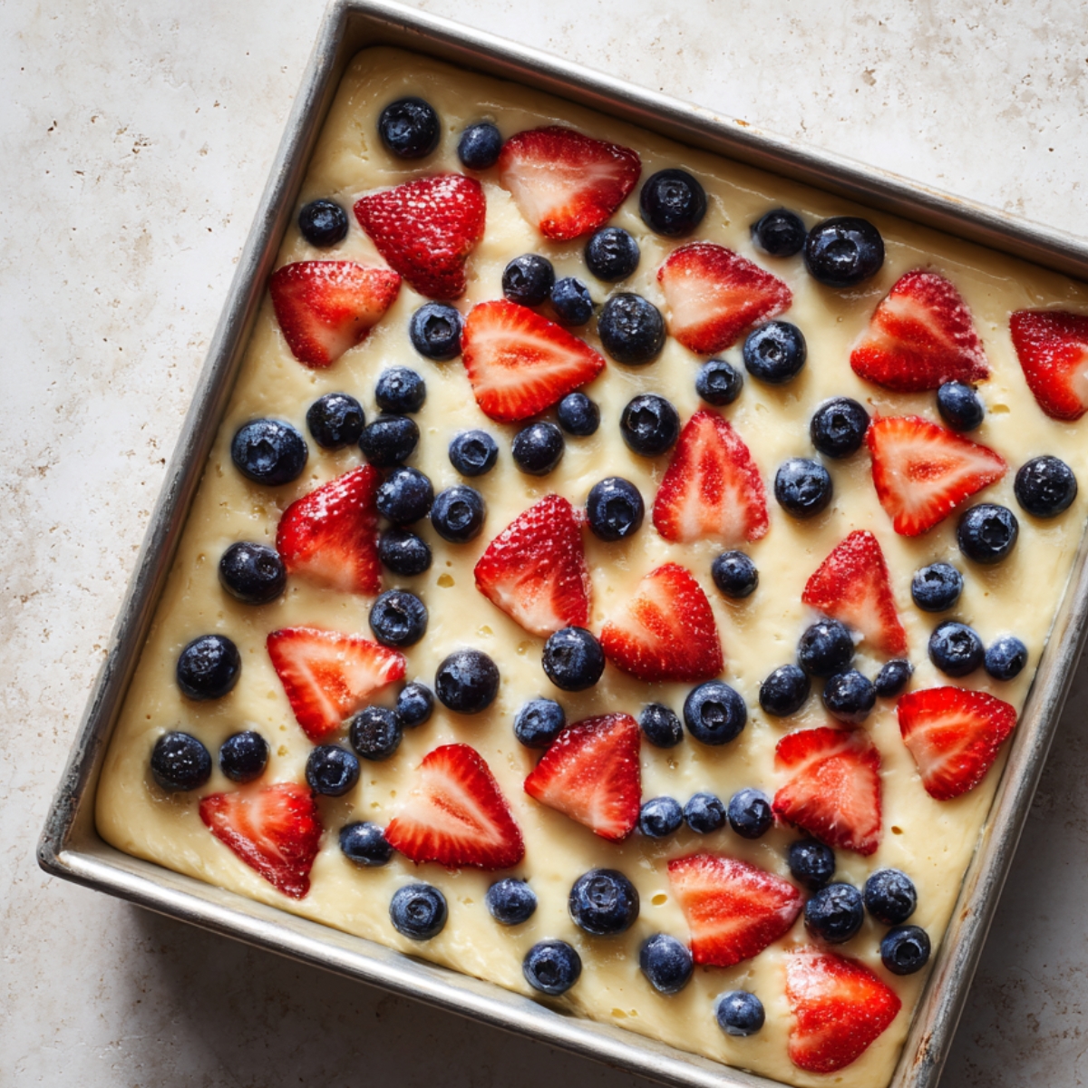 Raw pancake batter in a square metal pan, topped with fresh strawberries and blueberries on a light stone counter.