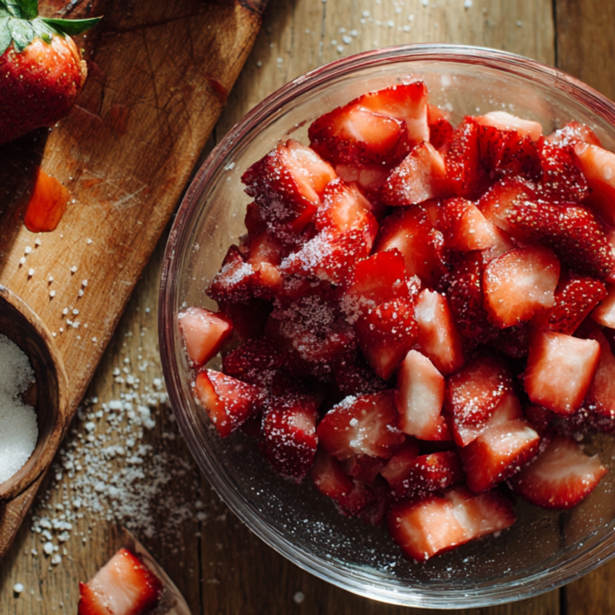 Bowl of fresh chopped strawberries sprinkled with sugar on a wooden table with a cutting board and whole strawberries nearby.