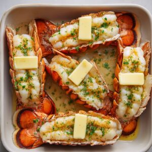 Raw lobster tails in a white baking dish, topped with butter pats, parsley, and seasoning, ready to bake.
