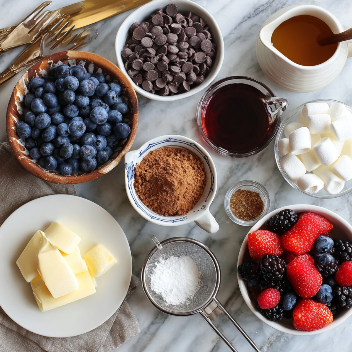 A flat lay of pancake toppings and mix-ins on a marble countertop, including fresh berries, chocolate chips, cocoa powder, mini marshmallows, butter, powdered sugar, maple syrup, and honey.