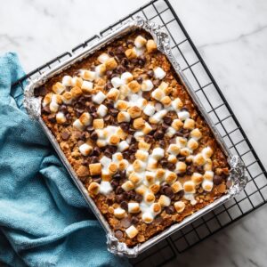Homemade s'mores bars in a foil-lined pan, topped with toasted mini marshmallows and melted chocolate chips, cooling on a wire rack over a marble counter with a blue kitchen towel.