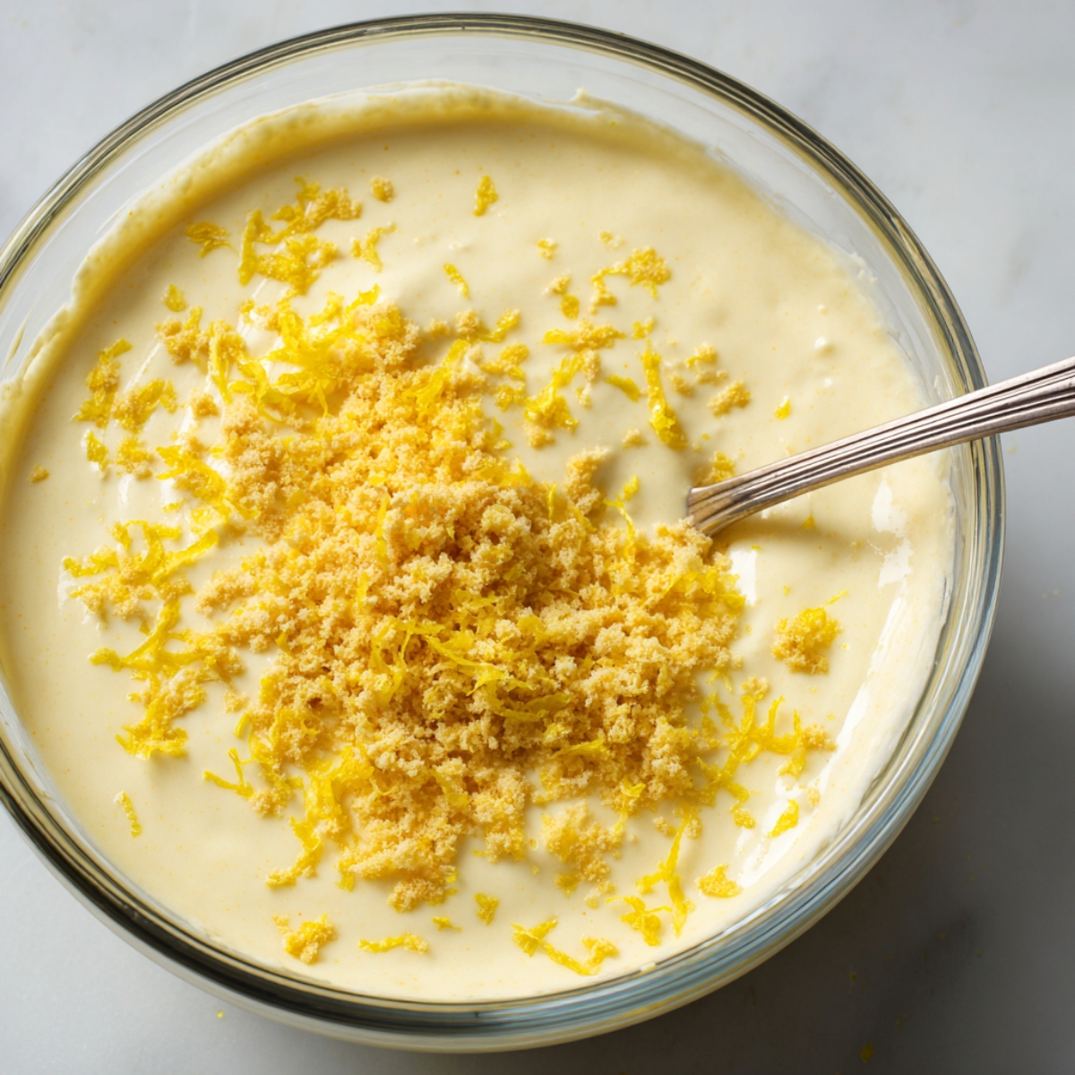 Bowl of lemon truffle mixture topped with fresh lemon zest and crushed graham crackers, ready to be mixed with a spoon.