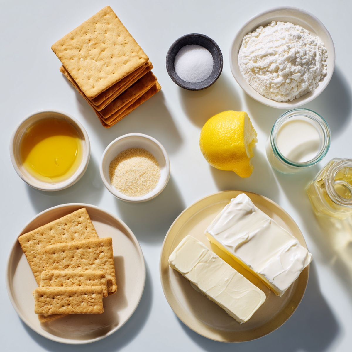 Overhead view of cheesecake ingredients on a white surface: graham crackers, butter, sugar, salt, powdered sugar, cream, lemon, cream cheese blocks, and a small bottle of oil.