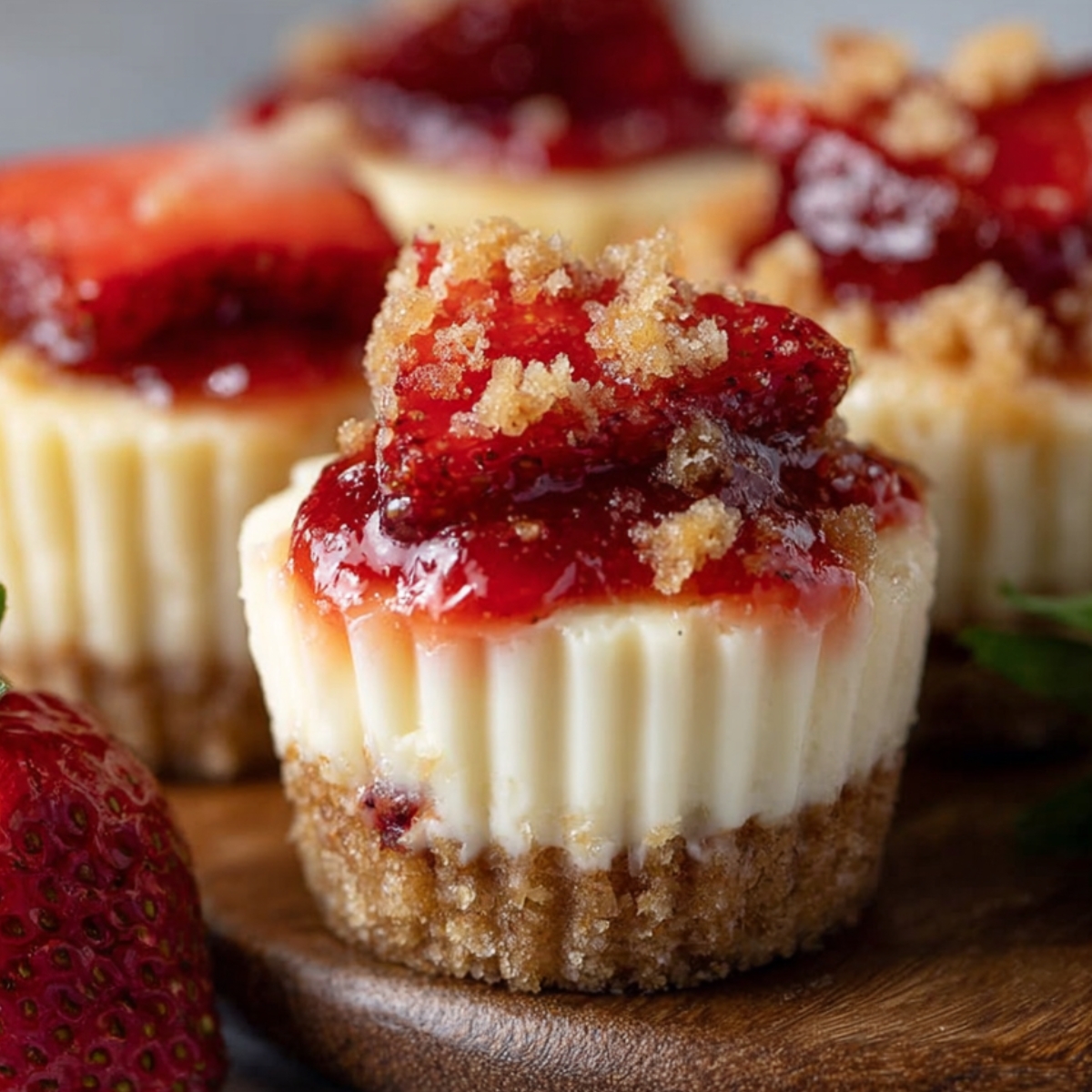 Mini Strawberry Cheesecake Bites with graham cracker crust, creamy filling, strawberry sauce, and sugared strawberry slices on top, on a wooden board.