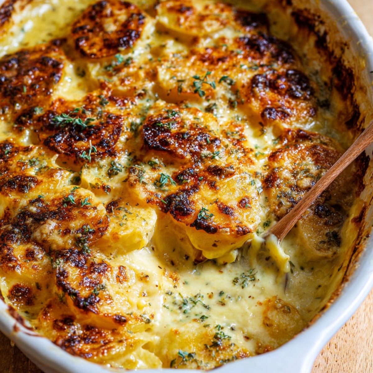 Golden, bubbly homemade Creamy Au Gratin Potatoes in a rustic baking dish with parsley garnish and a wooden spoon scooping creamy layers.