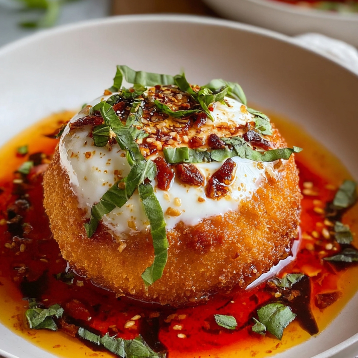 The Best Fried Burrata Recipe in a beige bowl with chili oil, sun-dried tomatoes, basil leaves, and microgreens on top.