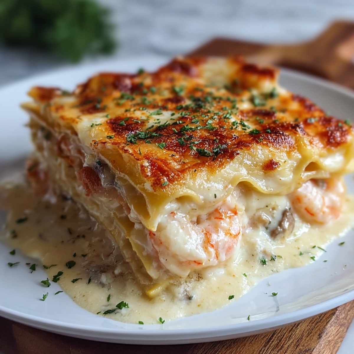 The Best Seafood Lasagna Recipe on a white plate with golden-brown cheesy top, creamy layers of shrimp and crab in alfredo sauce, garnished with parsley.