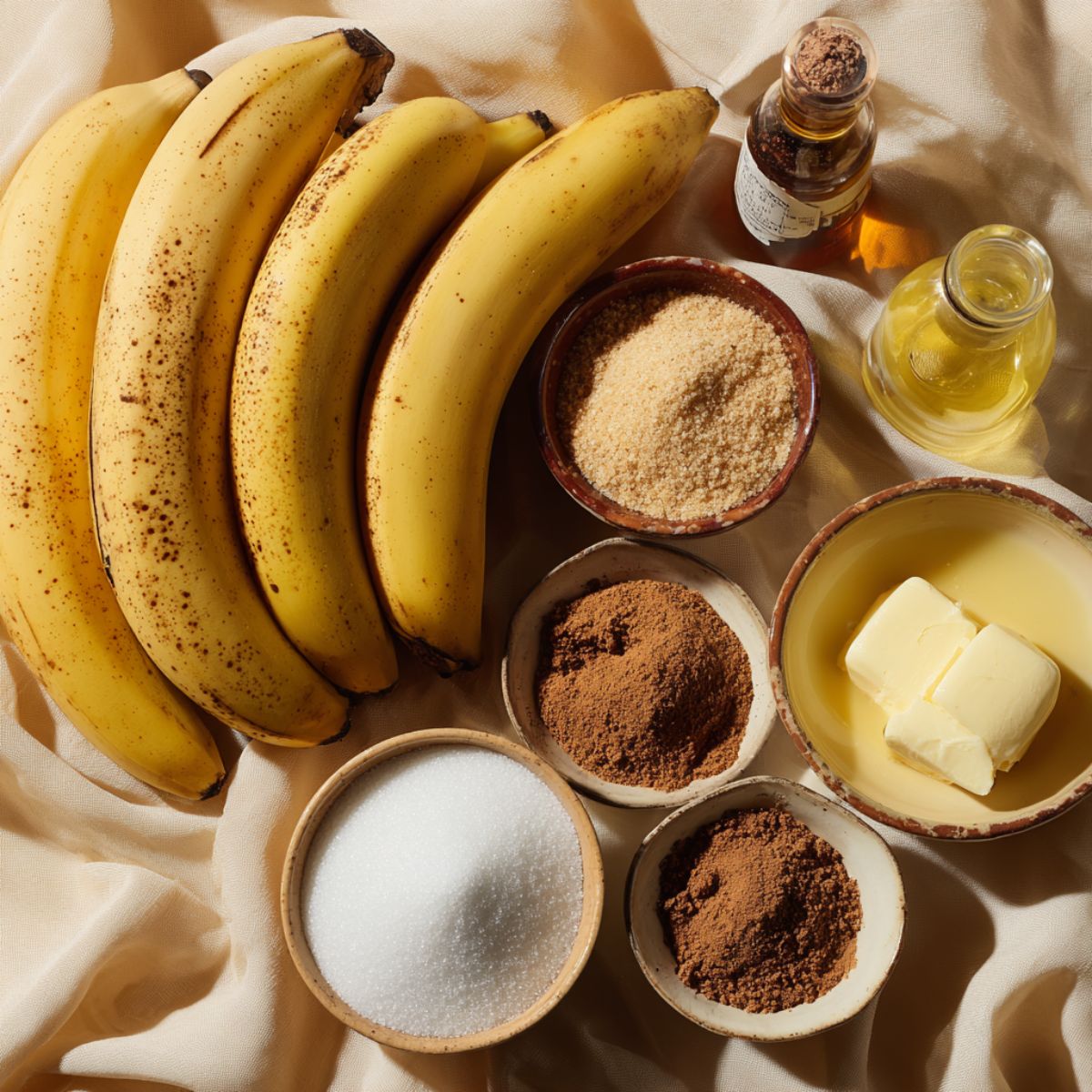 Ripe bananas and baking ingredients for banana cobbler arranged on a cream cloth, including brown sugar, white sugar, butter, spices, vanilla extract, and oil, all in small rustic bowls under warm natural light.