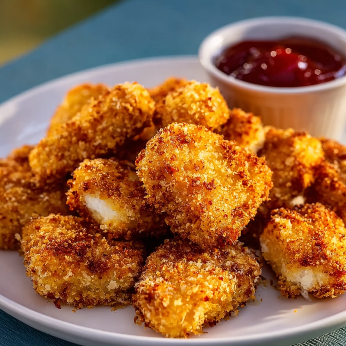 Homemade crispy chicken nuggets on a white plate, golden brown with a crunchy breadcrumb coating, served with a small cup of ketchup for dipping.