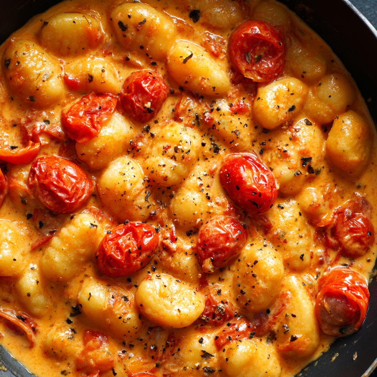 Homemade skillet of creamy tomato gnocchi with blistered cherry tomatoes and black pepper.