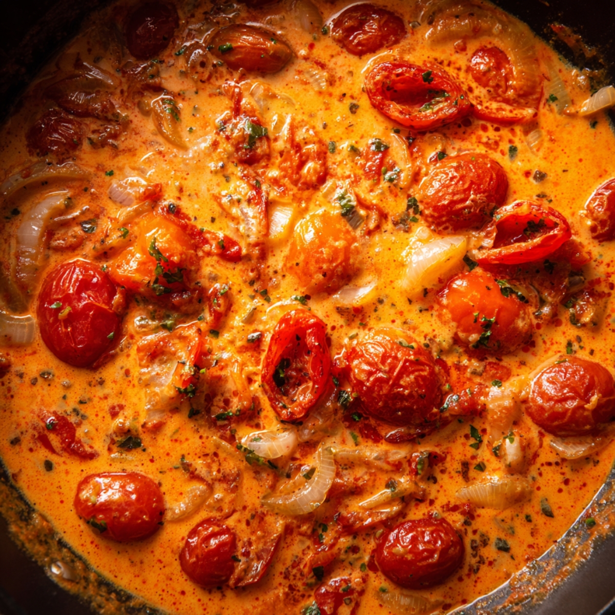 Homemade tomato sauce with blistered cherry tomatoes, onions, herbs, and spices simmering in a skillet.