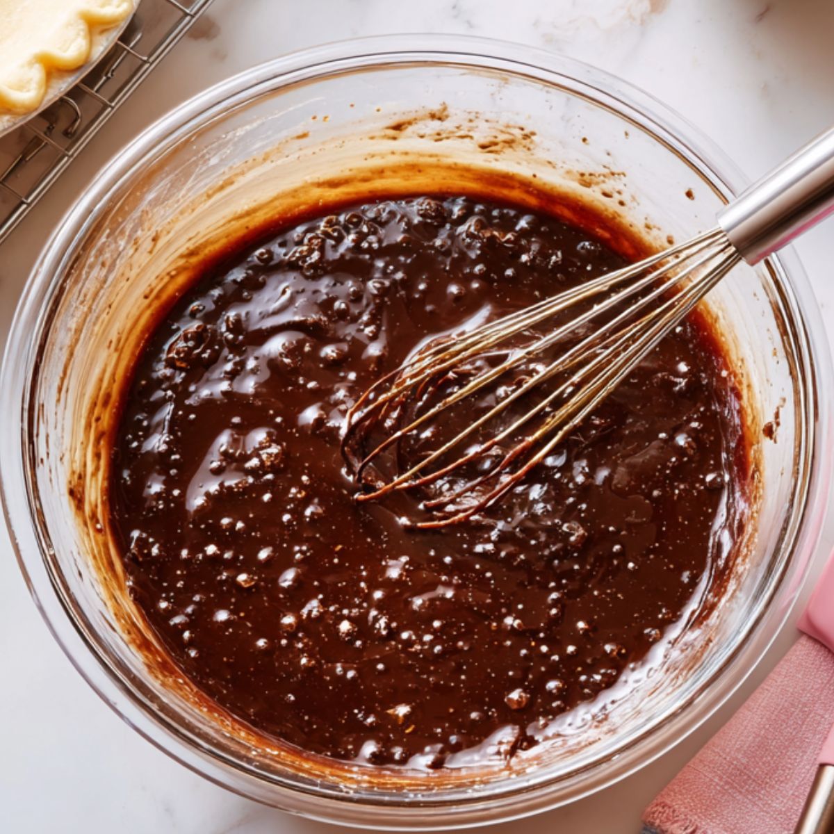 Homemade Hot Fudge Pie filling in a glass bowl, with thick, glossy chocolate batter and small bubbles. A whisk is resting in the rich, smooth mixture.