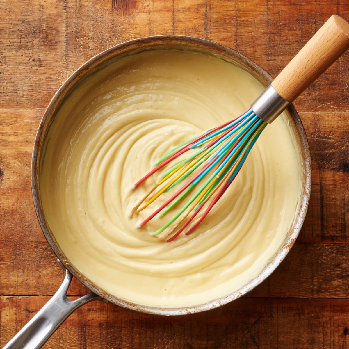 Saucepan of homemade banana cream pie custard, pale yellow and smooth, with a rainbow whisk resting inside on a rustic wooden table.