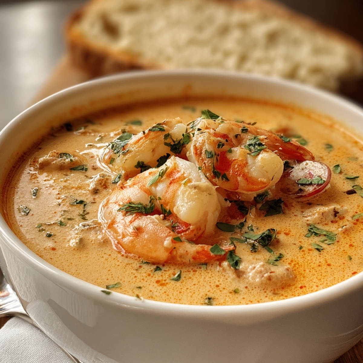 Seafood bisque in a white bowl with shrimp, parsley garnish, and rustic bread in the background.