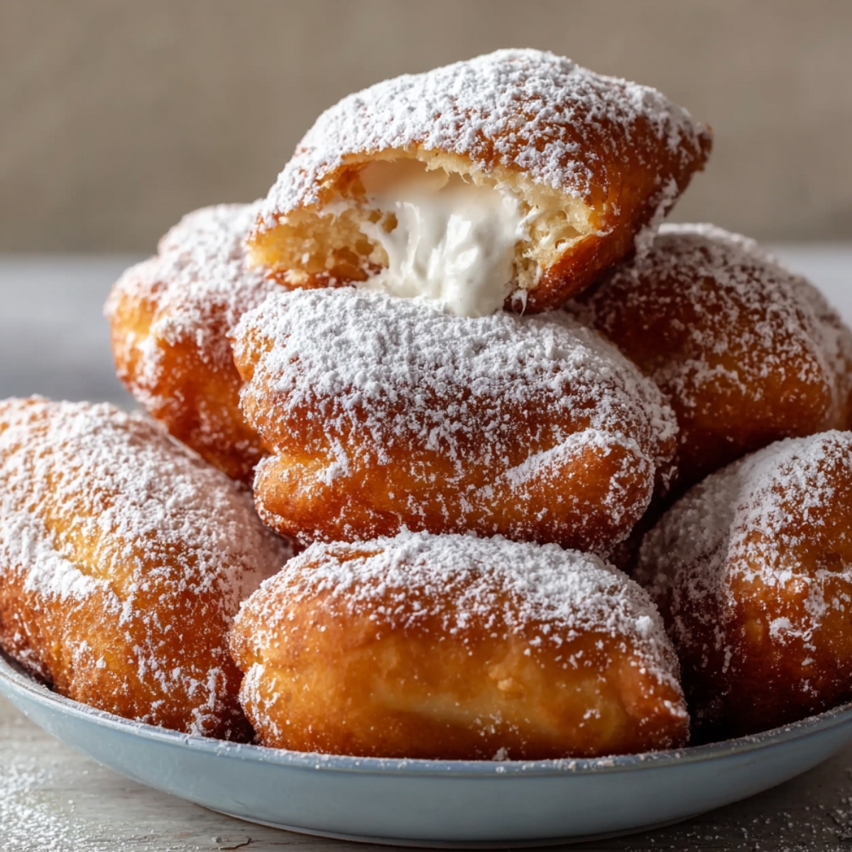 French beignets stacked on a plate, dusted with powdered sugar, with one bitten to reveal fluffy cream inside.