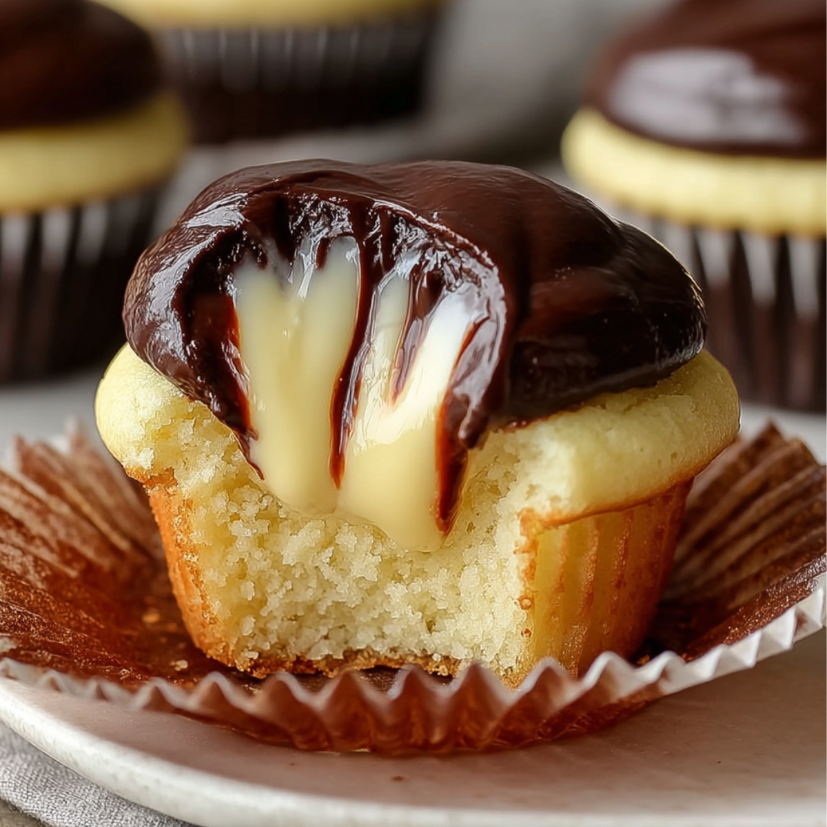 Homemade Boston Cream Cupcakes with a bite taken out, showing creamy vanilla custard filling oozing from the soft golden cupcake, topped with a thick, glossy layer of rich chocolate ganache.