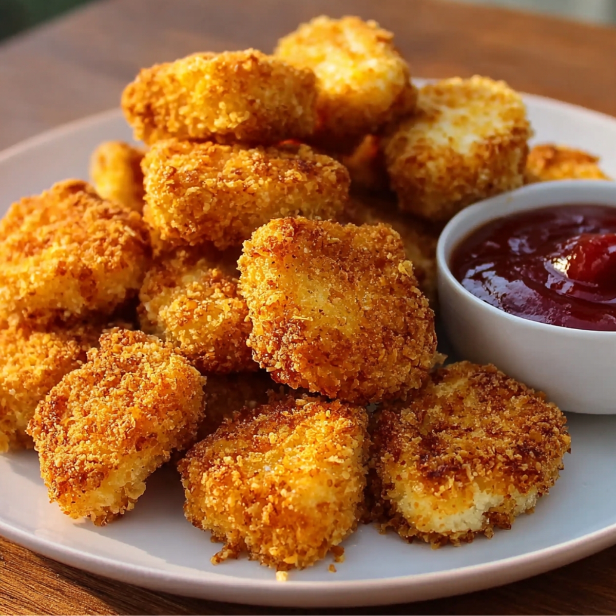 Plate of homemade golden brown chicken nuggets with a crispy breadcrumb coating, stacked on a white plate and served with a small bowl of ketchup for dipping.