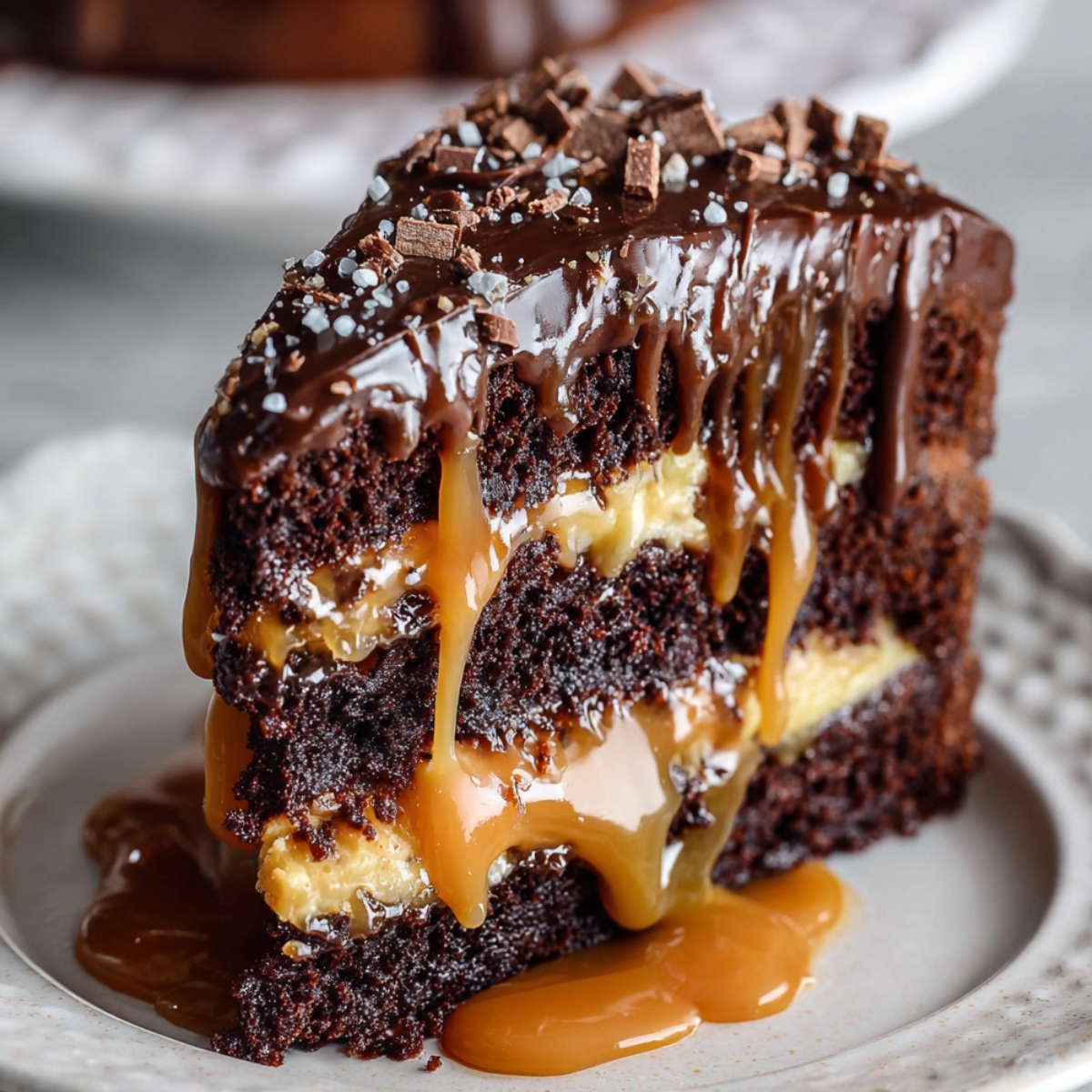 Homemade Chocolate Caramel Cake with caramel layers, glossy ganache, piped swirls, sea salt, and chocolate crumbs on a white plate.