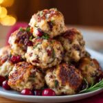 Homemade Cranberry Turkey Stuffing Balls Recipe on a white plate with cranberry sauce and herb garnish.