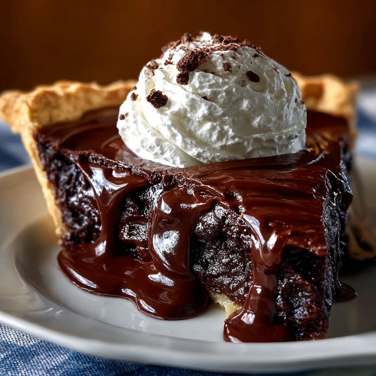 Homemade Hot Fudge Pie Recipe with a golden crust, oozing chocolate filling, topped with whipped cream and chocolate shavings, served on a white plate.