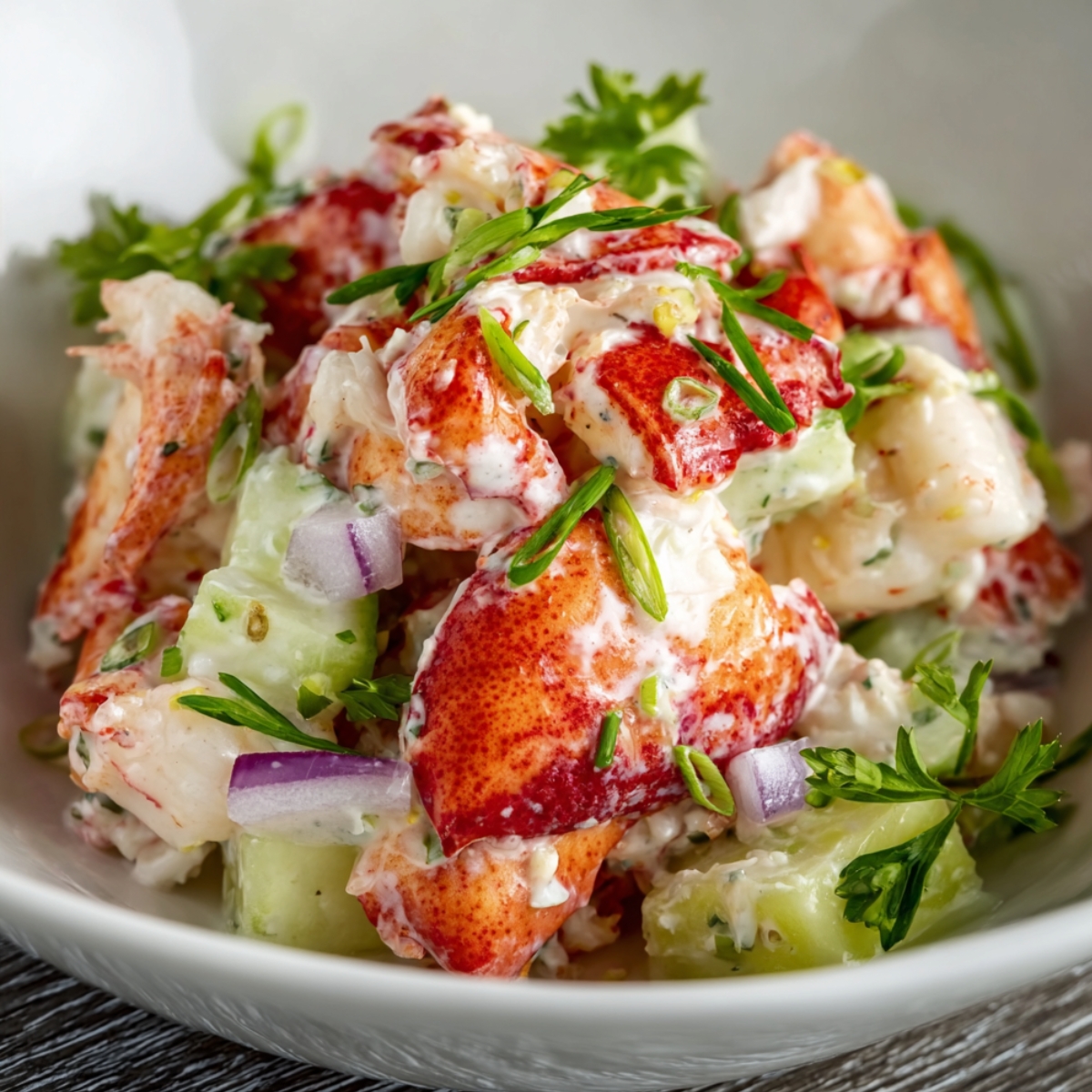 Homemade lobster salad in a white bowl, with chunky lobster meat coated in creamy dressing, sprinkled with fresh chopped chives, and served over crisp lettuce with slices of red onion.