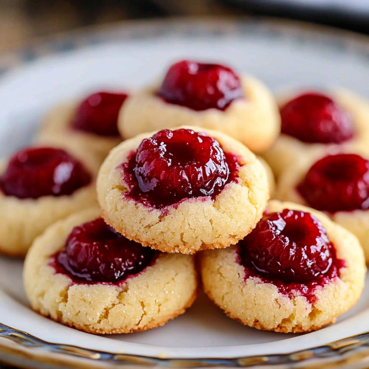 Homemade Raspberry Thumbprint Cookies with golden shortbread and glossy raspberry jam topped with whole raspberries on a decorative plate.