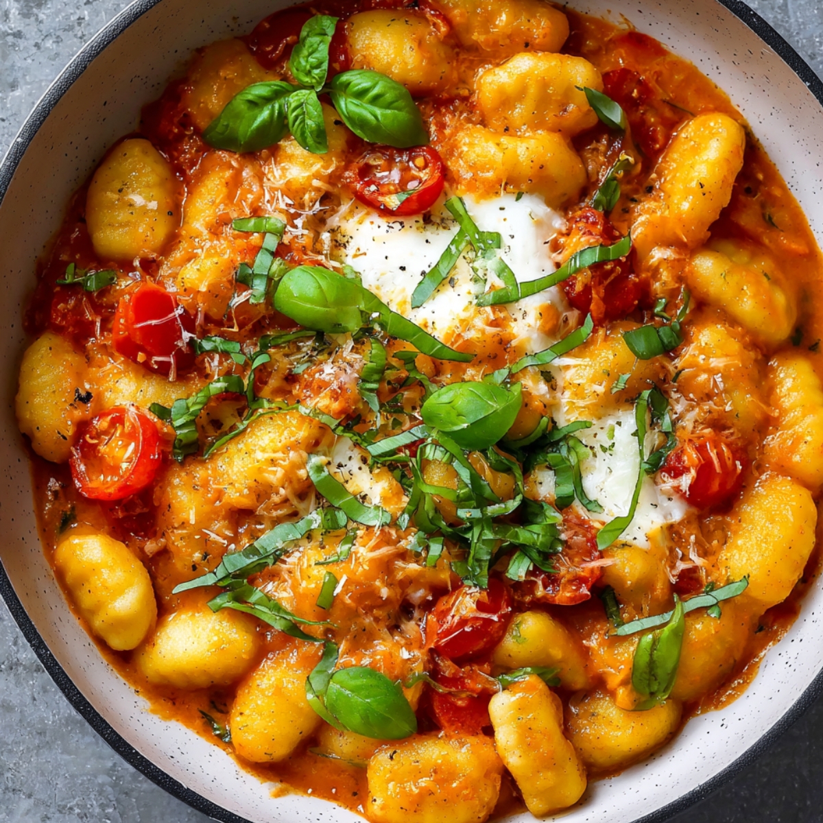 Homemade tomato gnocchi with roasted cherry tomatoes, mozzarella, Parmesan, and fresh basil in a rustic bowl.